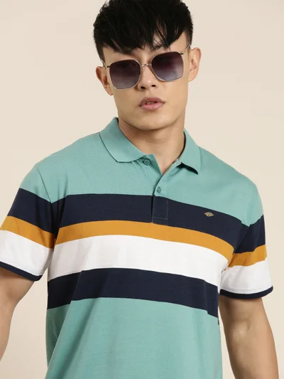 Joven Green Striped Polo T-Shirt for Men